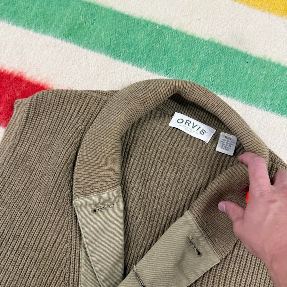 Orvis Vintage Ribbed Cotton Shawl Collar Sweater Vest Tan Mens XXL